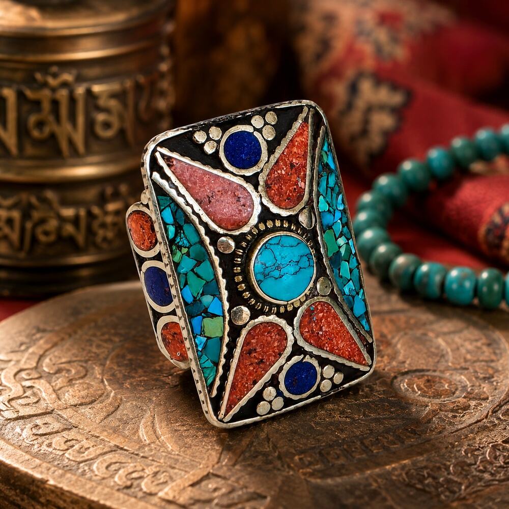 Vintage Tibetan Style Turquoise Coral Mosaic Statement Ring Size 8